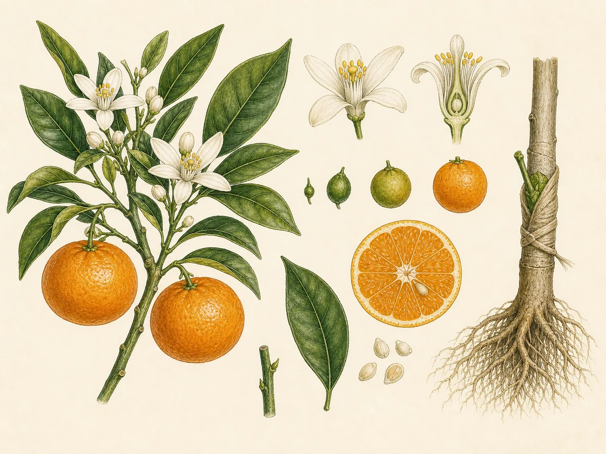 Prancha botânica complementar de Clementineira (Citrus × clementina) com caracteres de identificação e ciclo de vida