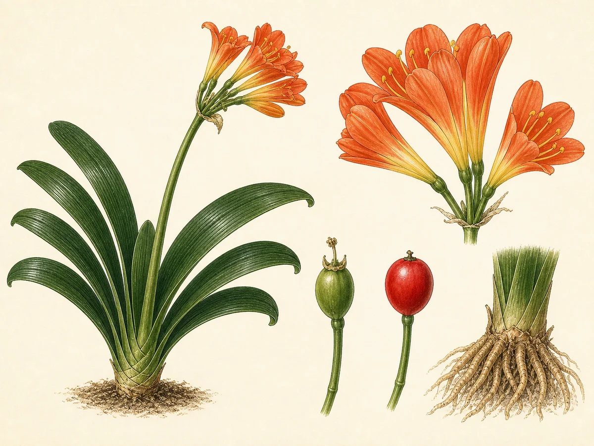 Prancha botânica complementar de Clívia (Clivia miniata) com caracteres de identificação e ciclo de vida