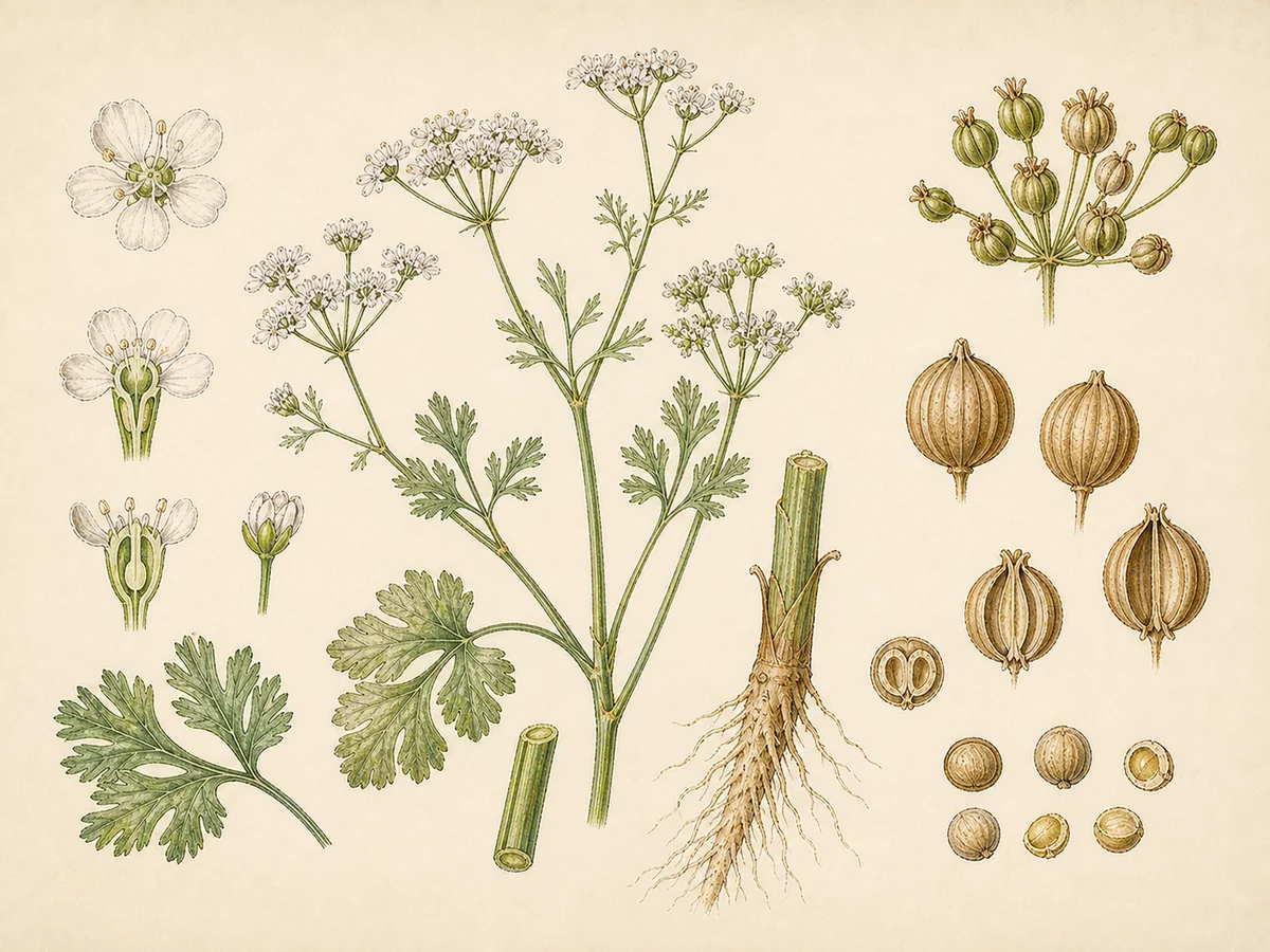 Prancha botânica complementar de Coentros (Coriandrum sativum) com caracteres de identificação e ciclo de vida