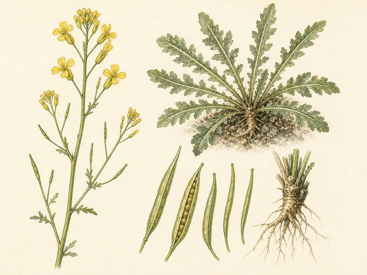 Prancha botânica complementar de Coincya-de-Sintra (Coincya cintrana) com caracteres de identificação e ciclo de vida