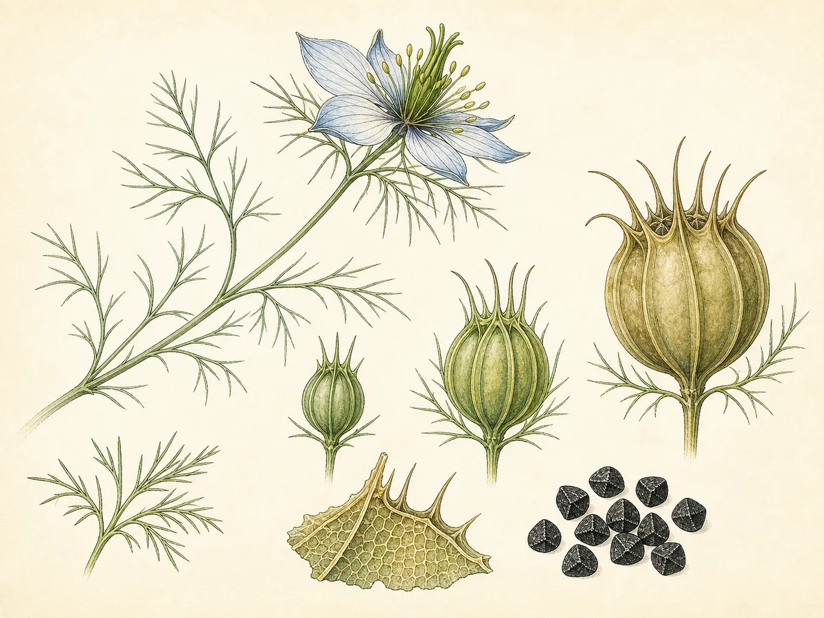 Prancha botânica complementar de Cominho-preto (Nigella sativa) com caracteres de identificação e ciclo de vida