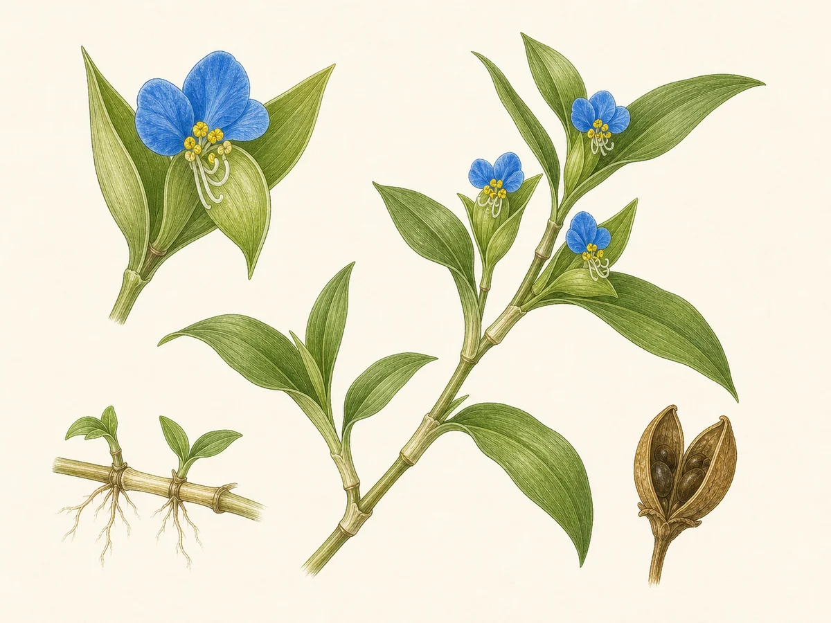 Prancha botânica complementar de Commelina diffusa — não plantar na Madeira (Commelina diffusa) com caracteres de identificação e ciclo de vida