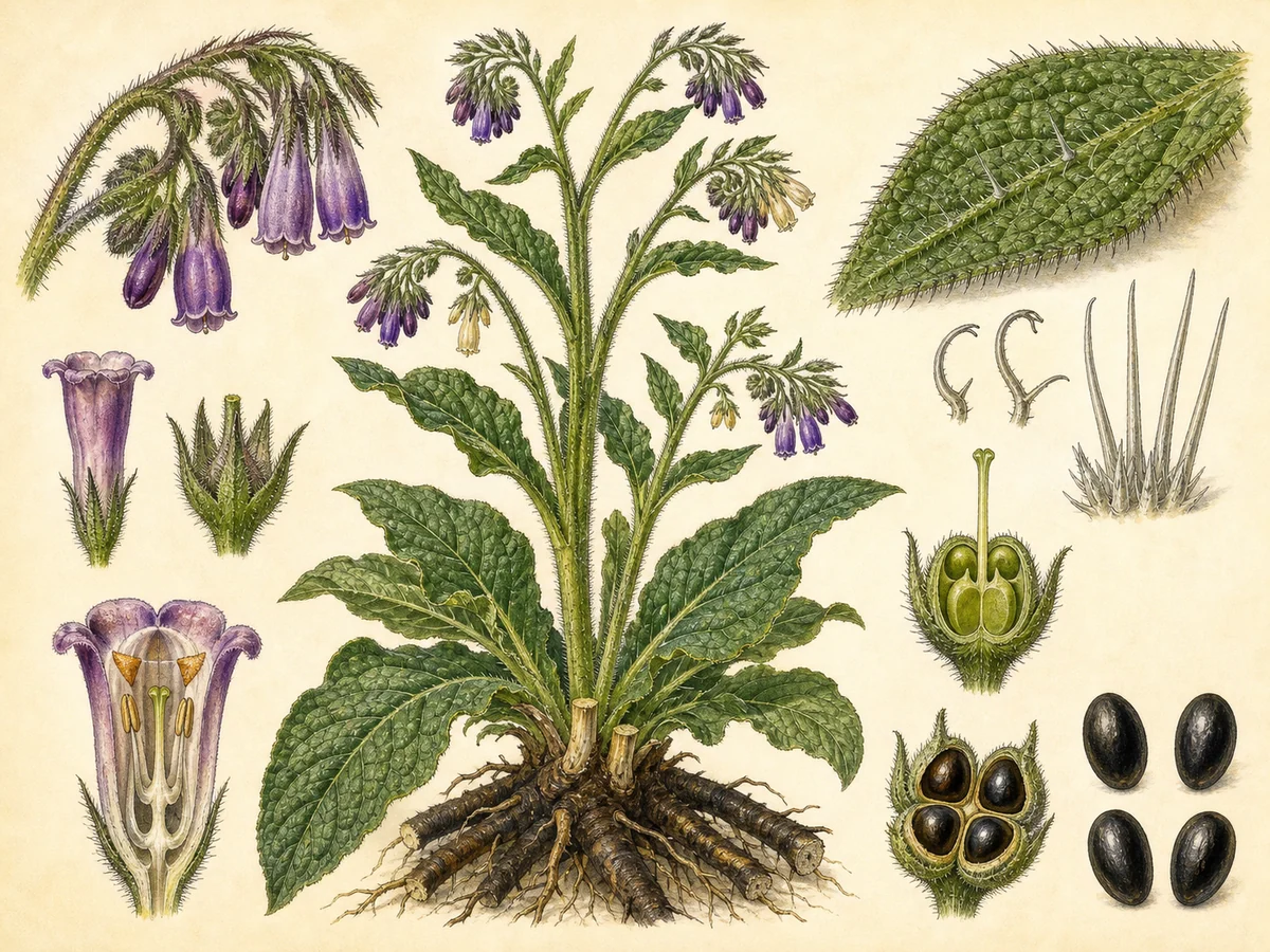 Prancha botânica complementar de Consolda (Symphytum officinale) com caracteres de identificação e ciclo de vida