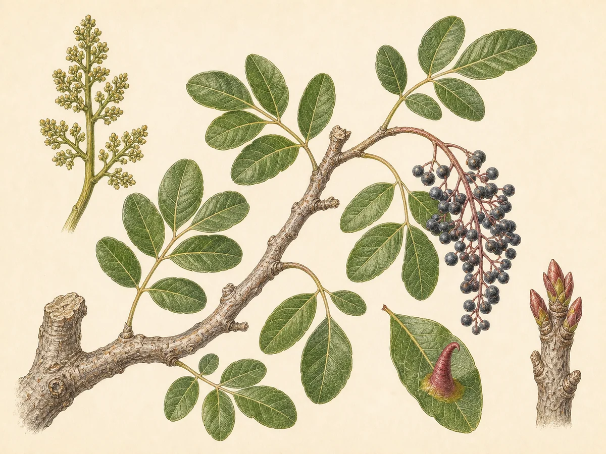 Prancha botânica complementar de Cornicabra (Pistacia terebinthus) com caracteres de identificação e ciclo de vida