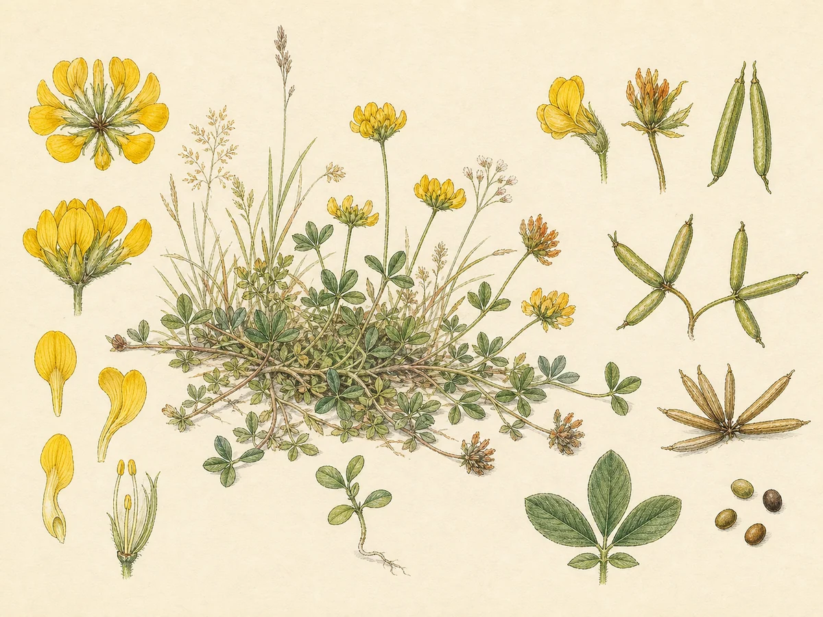 Prancha botânica complementar de Cornichão (Lotus corniculatus) com caracteres de identificação e ciclo de vida