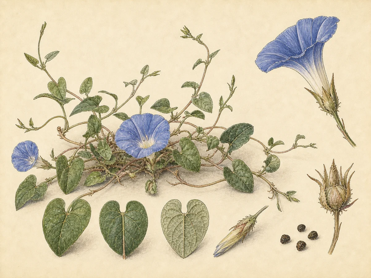 Prancha botânica complementar de Corriola-azul (Convolvulus siculus subsp. siculus) com caracteres de identificação e ciclo de vida