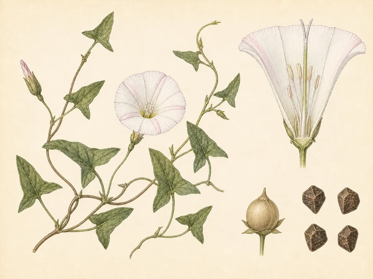 Prancha botânica complementar de Corriola-campestre (Convolvulus arvensis) com caracteres de identificação e ciclo de vida