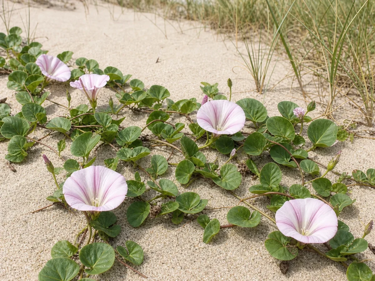 Prancha botânica complementar de Corriola-da-praia (Calystegia soldanella) com caracteres de identificação e ciclo de vida