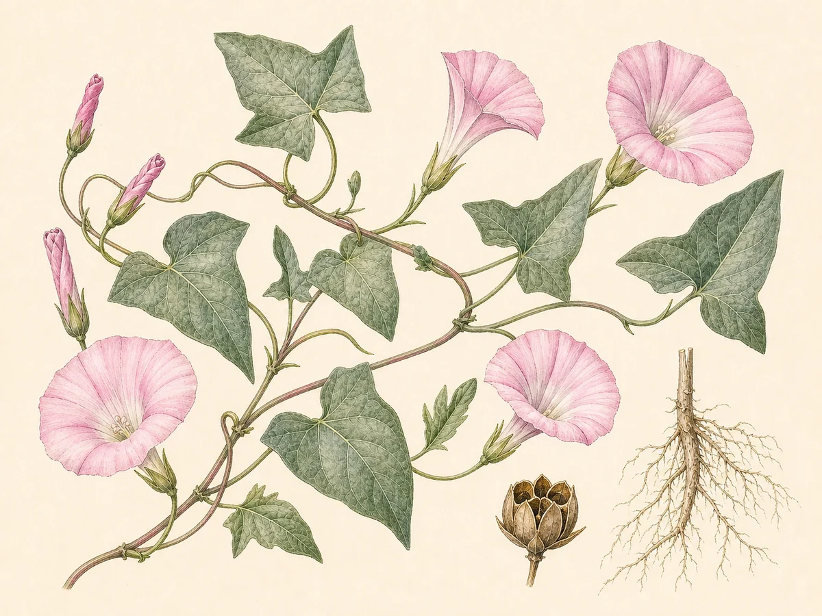 Prancha botânica complementar de Corriola-rosada (Convolvulus althaeoides) com caracteres de identificação e ciclo de vida