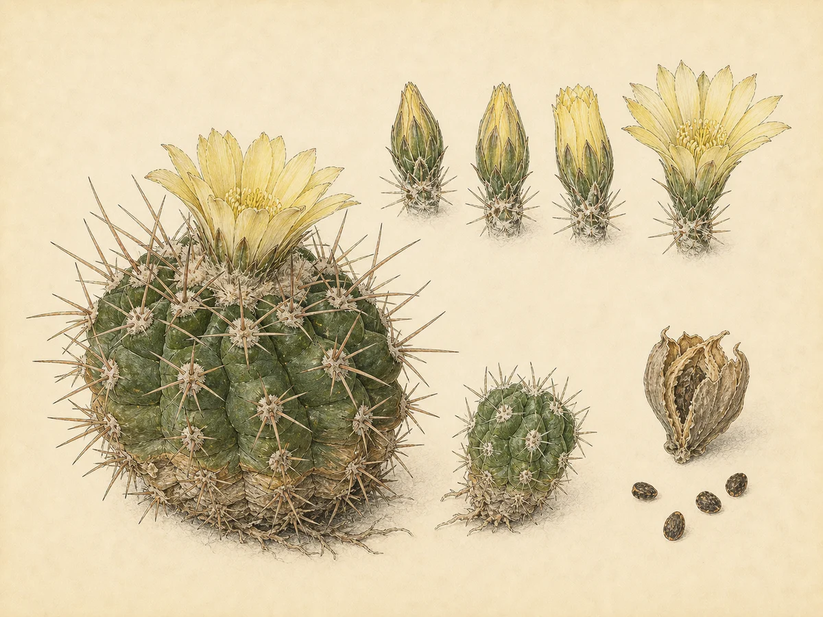 Prancha botânica complementar de Coryphantha-elephantidens (Coryphantha elephantidens) com caracteres de identificação e ciclo de vida