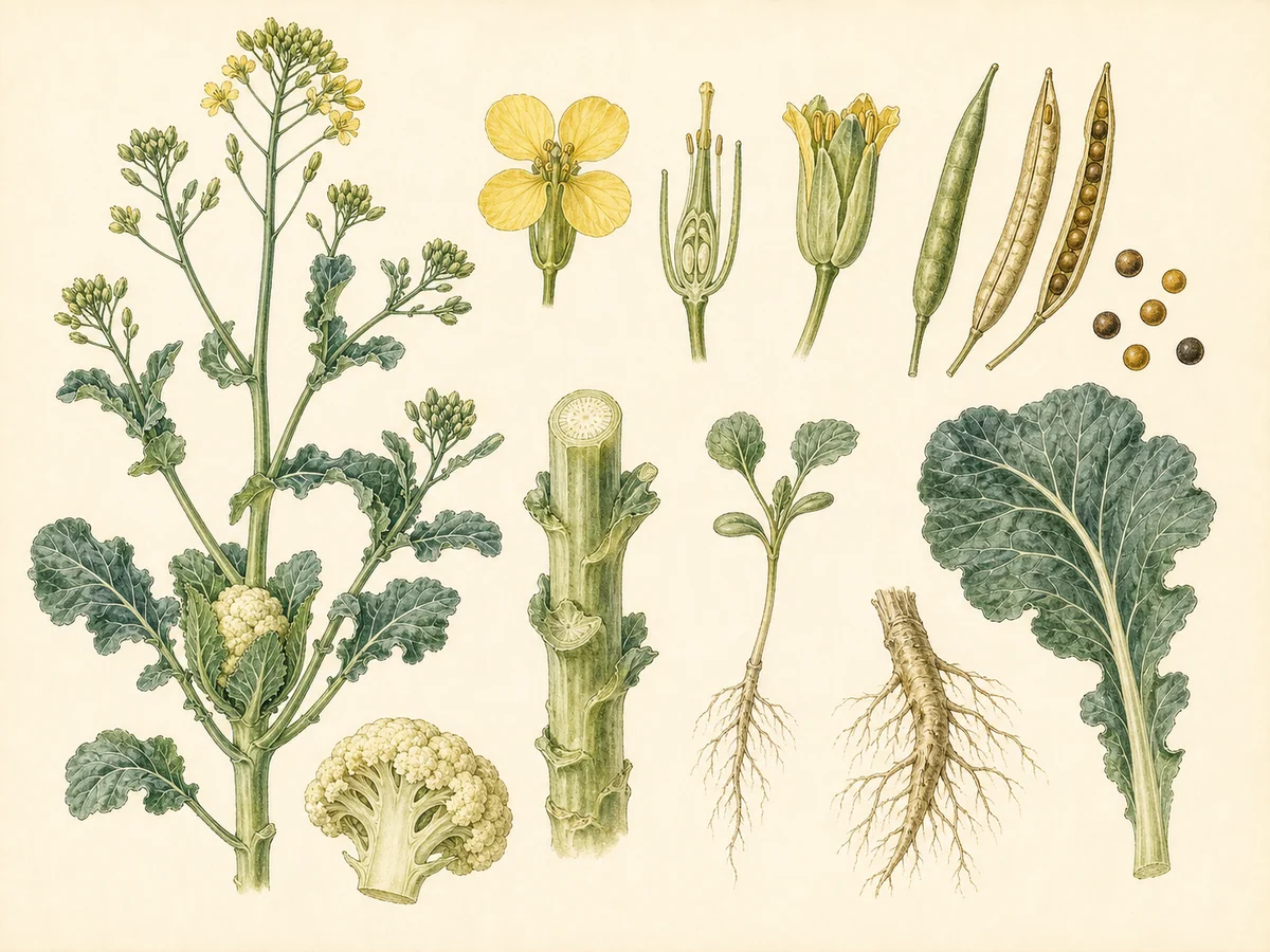 Prancha botânica complementar de Couve-flor (Brassica oleracea var. botrytis) com caracteres de identificação e ciclo de vida