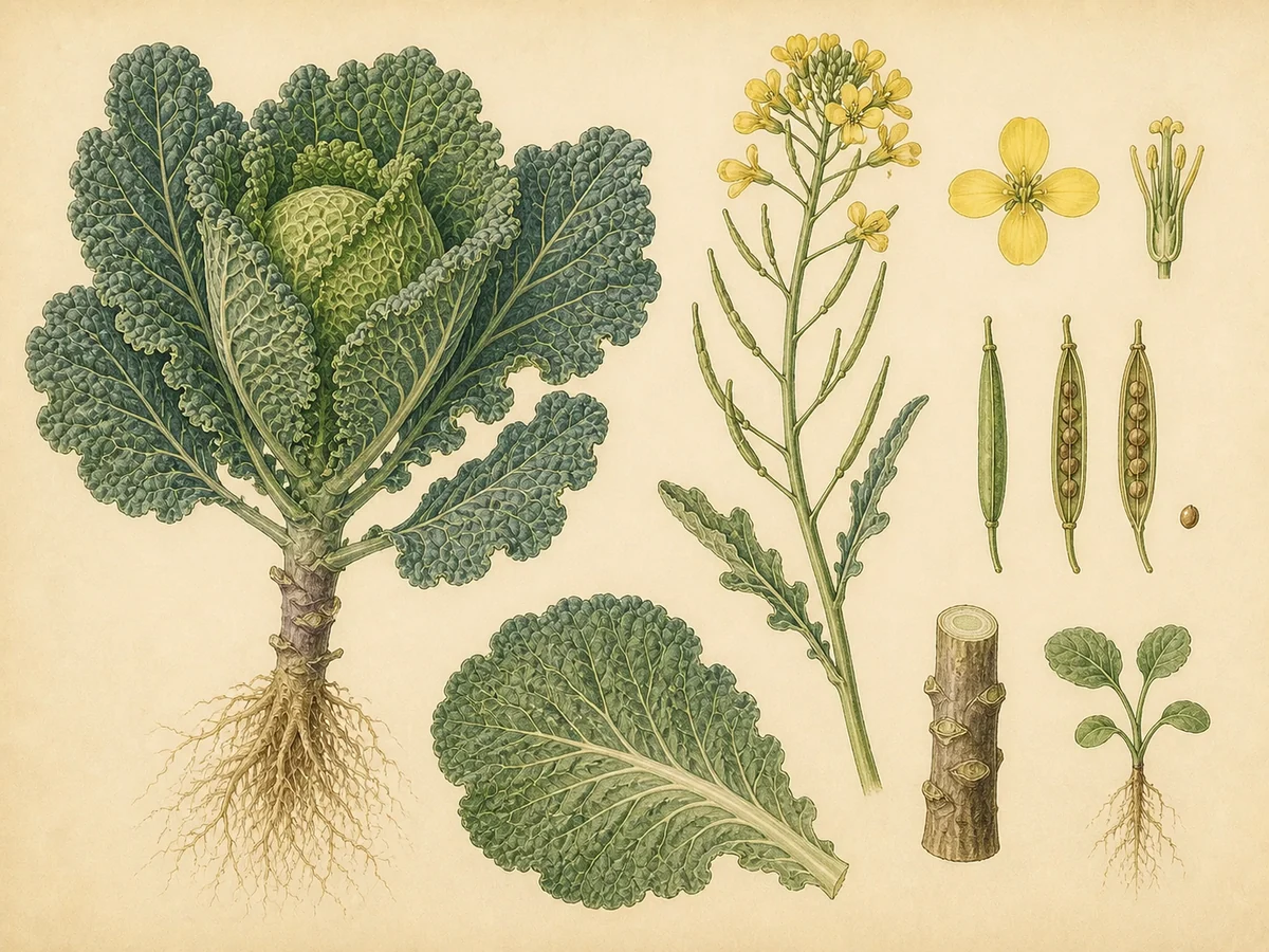 Prancha botânica complementar de Couve-lombarda (Brassica oleracea Sabauda Group) com caracteres de identificação e ciclo de vida