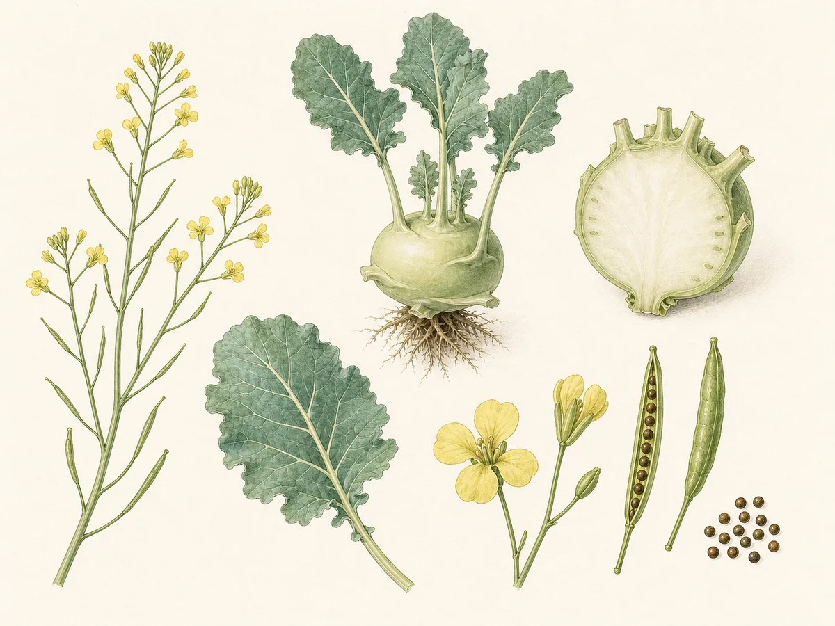 Prancha botânica complementar de Couve-rábano (Brassica oleracea Gongylodes Group) com caracteres de identificação e ciclo de vida