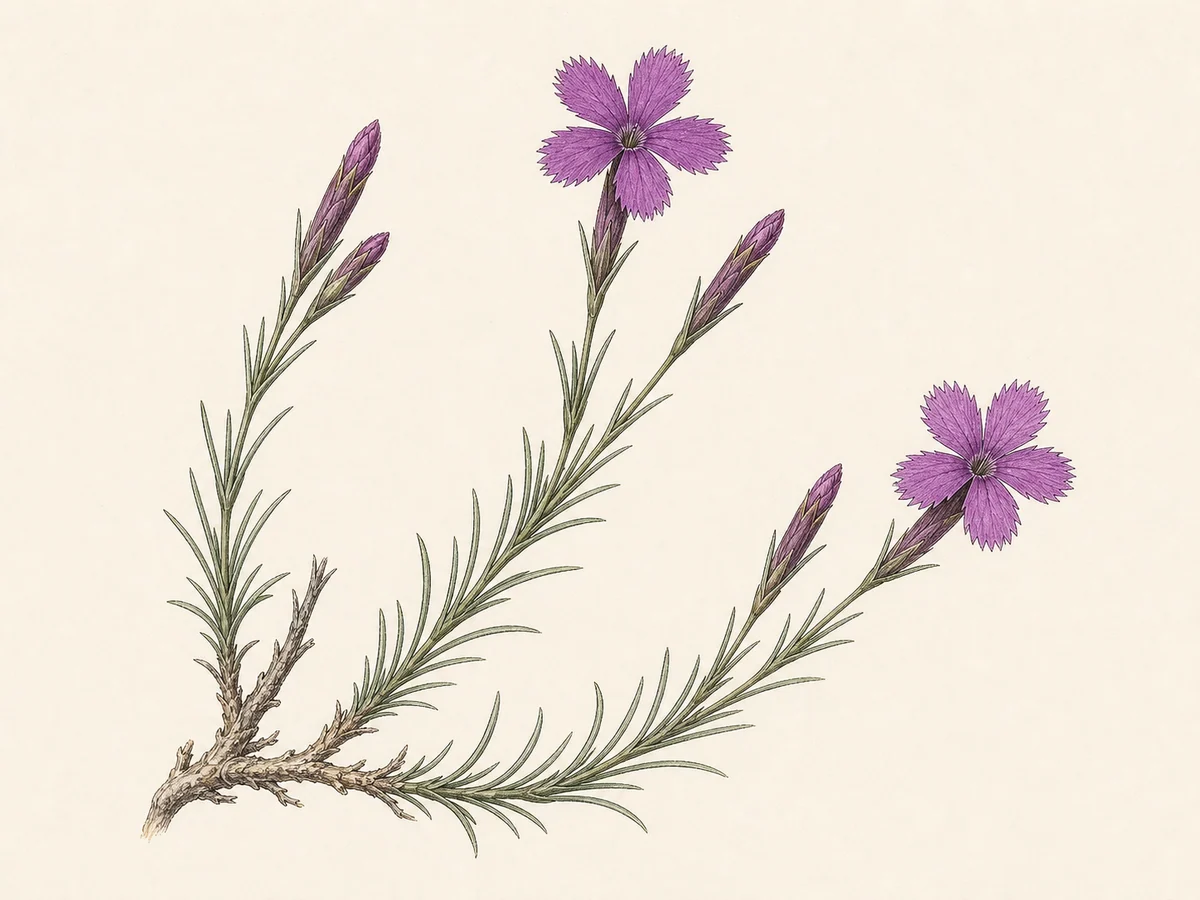 Prancha botânica complementar de Cravina-transmontana serpentinícola (Dianthus laricifolius subsp. marizii) com caracteres de identificação e ciclo de vida