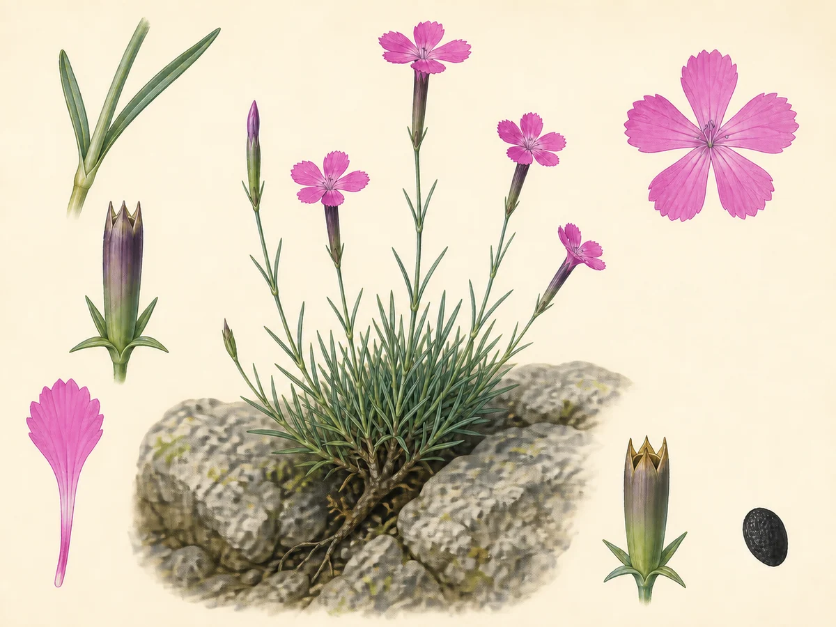 Prancha botânica complementar de Cravo-de-Sintra (Dianthus cintranus subsp. cintranus) com caracteres de identificação e ciclo de vida