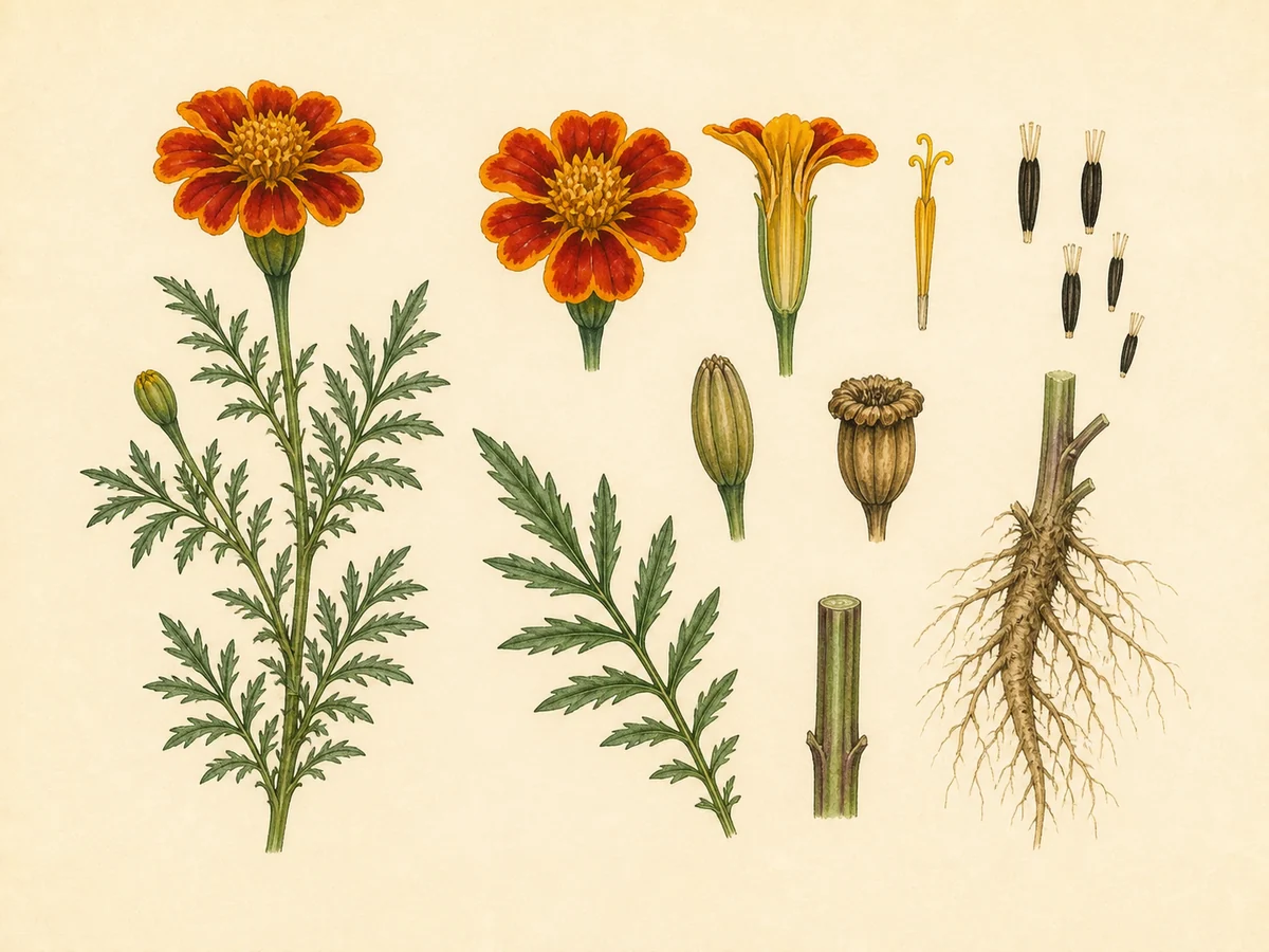 Prancha botânica complementar de Cravo-túnico (Tagetes patula) com caracteres de identificação e ciclo de vida