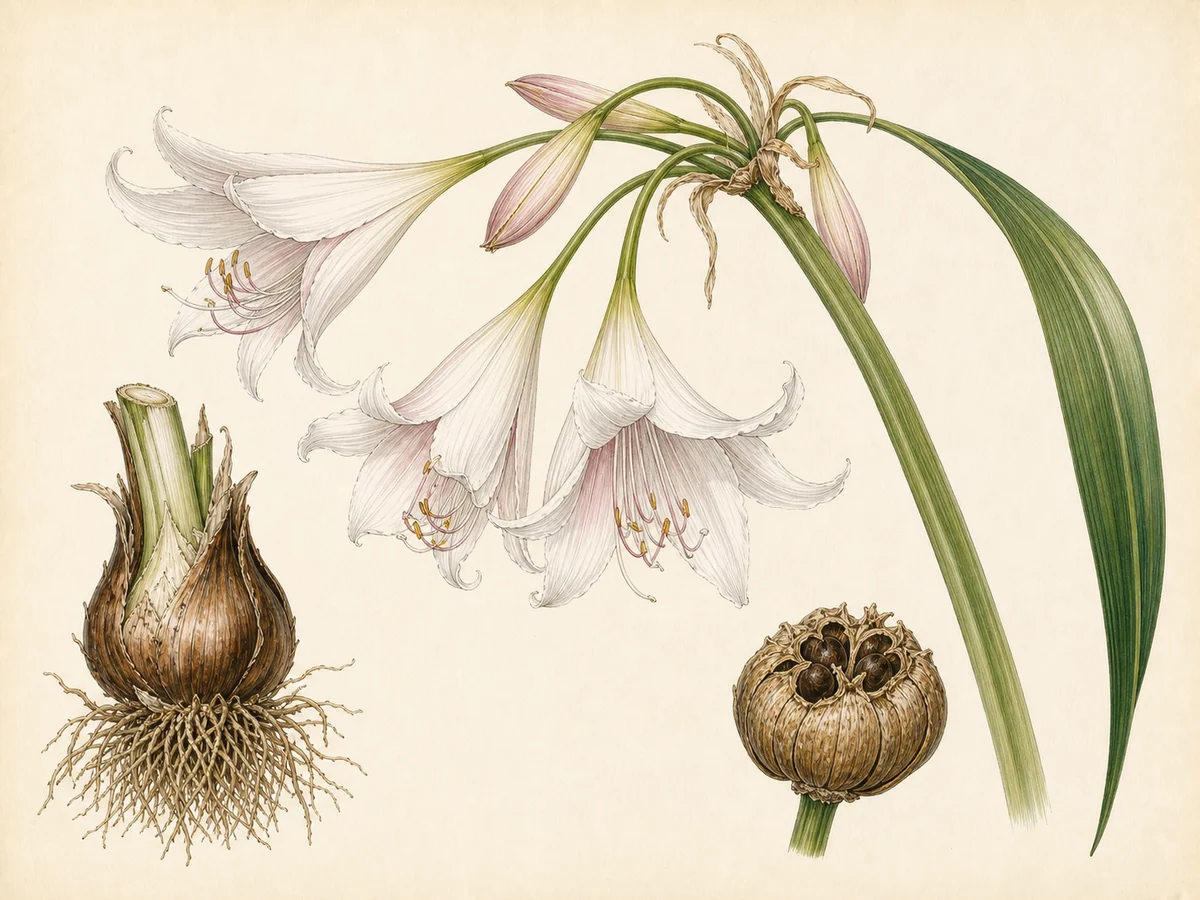 Prancha botânica complementar de Lírio-de-rio — exceção madeirense documentada (Crinum bulbispermum) com caracteres de identificação e ciclo de vida