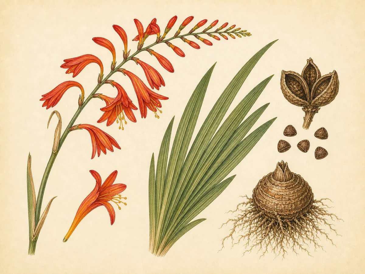 Prancha botânica complementar de Montbrécia — exceção madeirense documentada (Crocosmia × crocosmiiflora) com caracteres de identificação e ciclo de vida