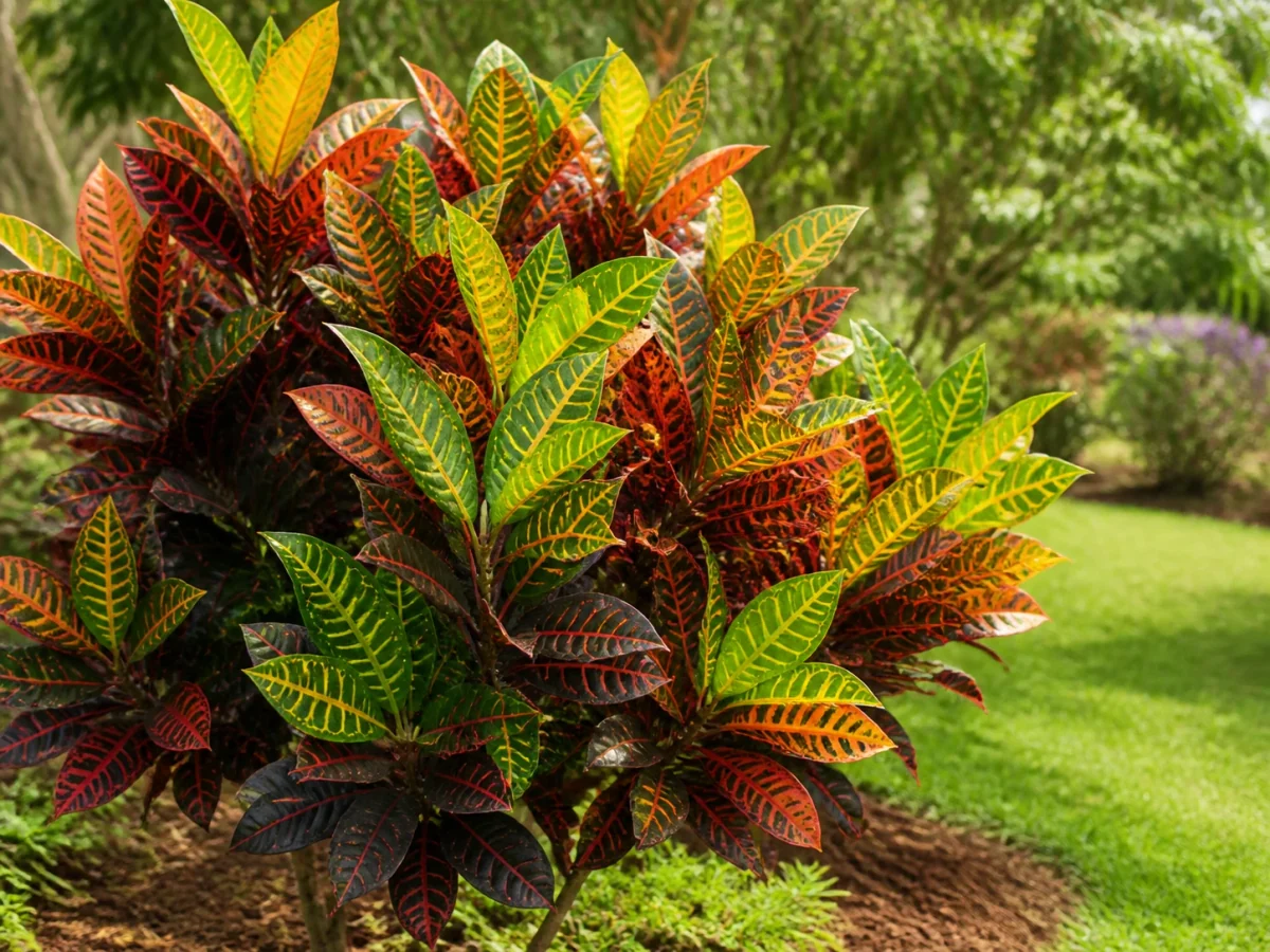 Prancha botânica complementar de Cróton (Codiaeum variegatum) com caracteres de identificação e ciclo de vida