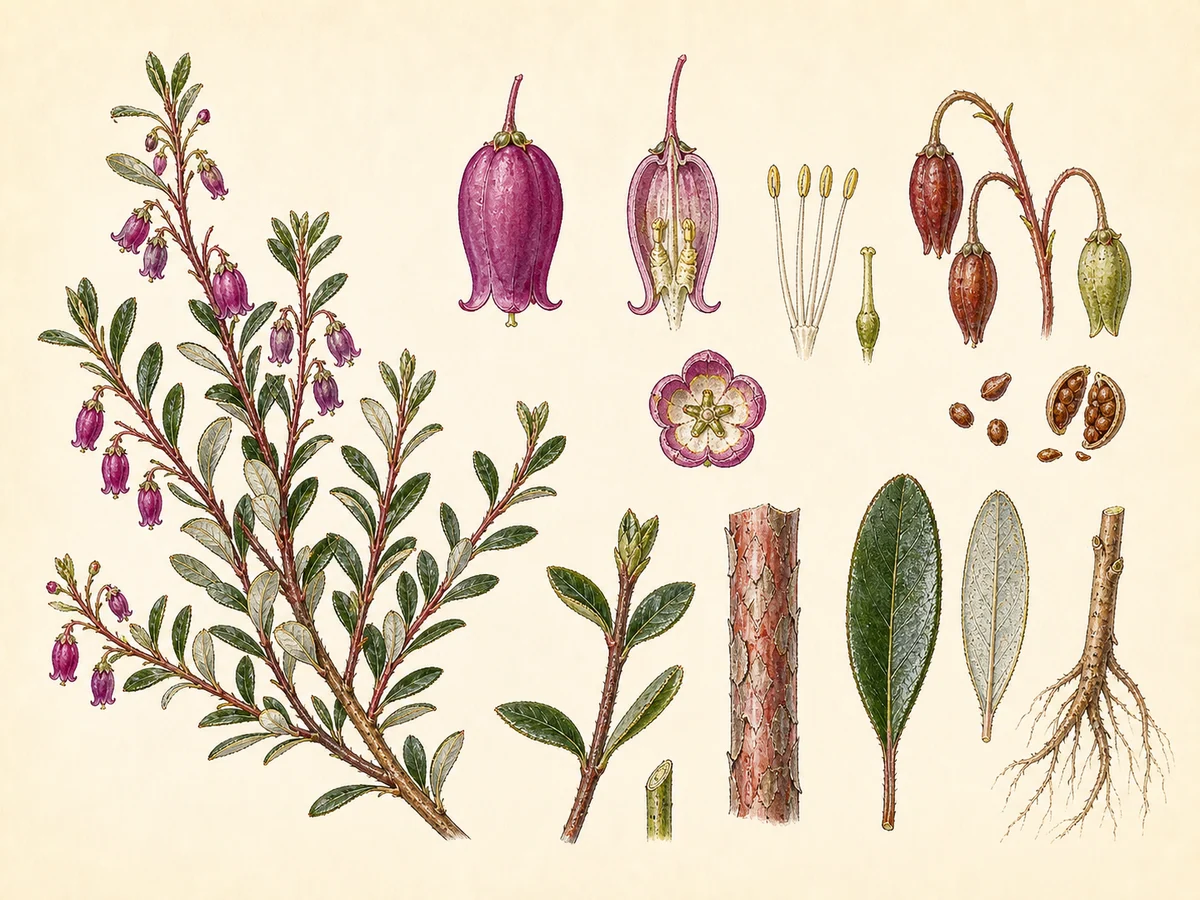 Prancha botânica complementar de Daboécia-cantábrica (Daboecia cantabrica) com caracteres de identificação e ciclo de vida