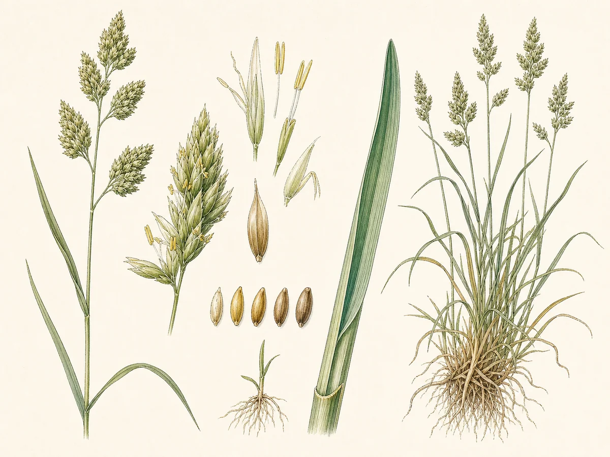 Prancha botânica complementar de Dáctilo (Dactylis glomerata) com caracteres de identificação e ciclo de vida