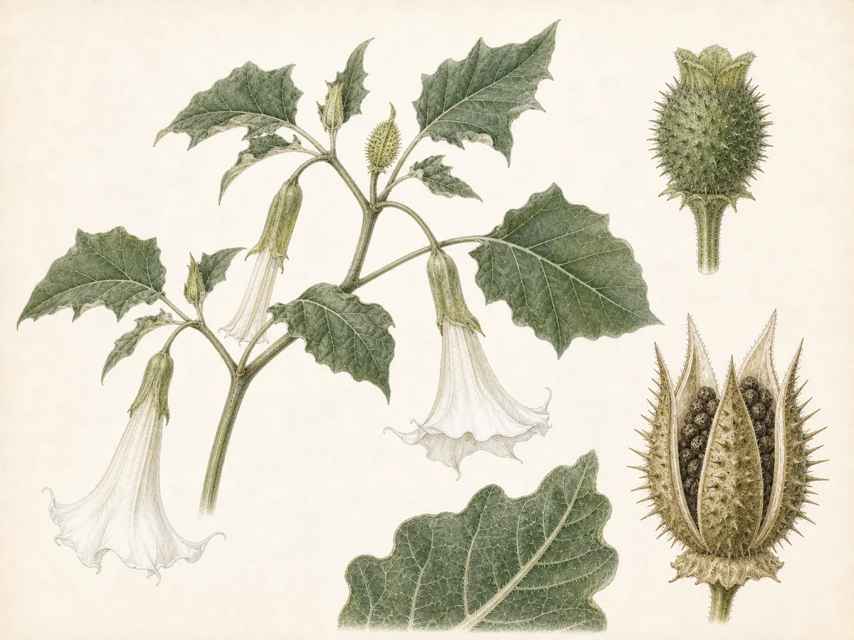 Prancha botânica complementar de Datura innoxia — não plantar na Madeira (Datura innoxia) com caracteres de identificação e ciclo de vida