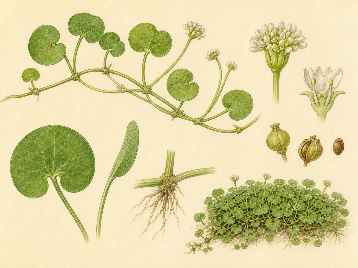 Prancha botânica complementar de Dichondra (Dichondra micrantha) com caracteres de identificação e ciclo de vida