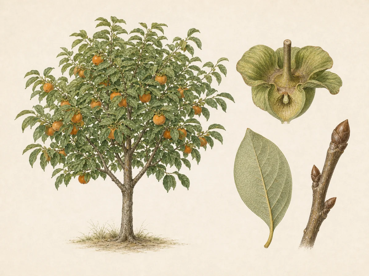 Prancha botânica complementar de Diospireiro ‘Coroa de Rei’ (Diospyros kaki Thunb. ‘Coroa de Rei’) com caracteres de identificação e ciclo de vida