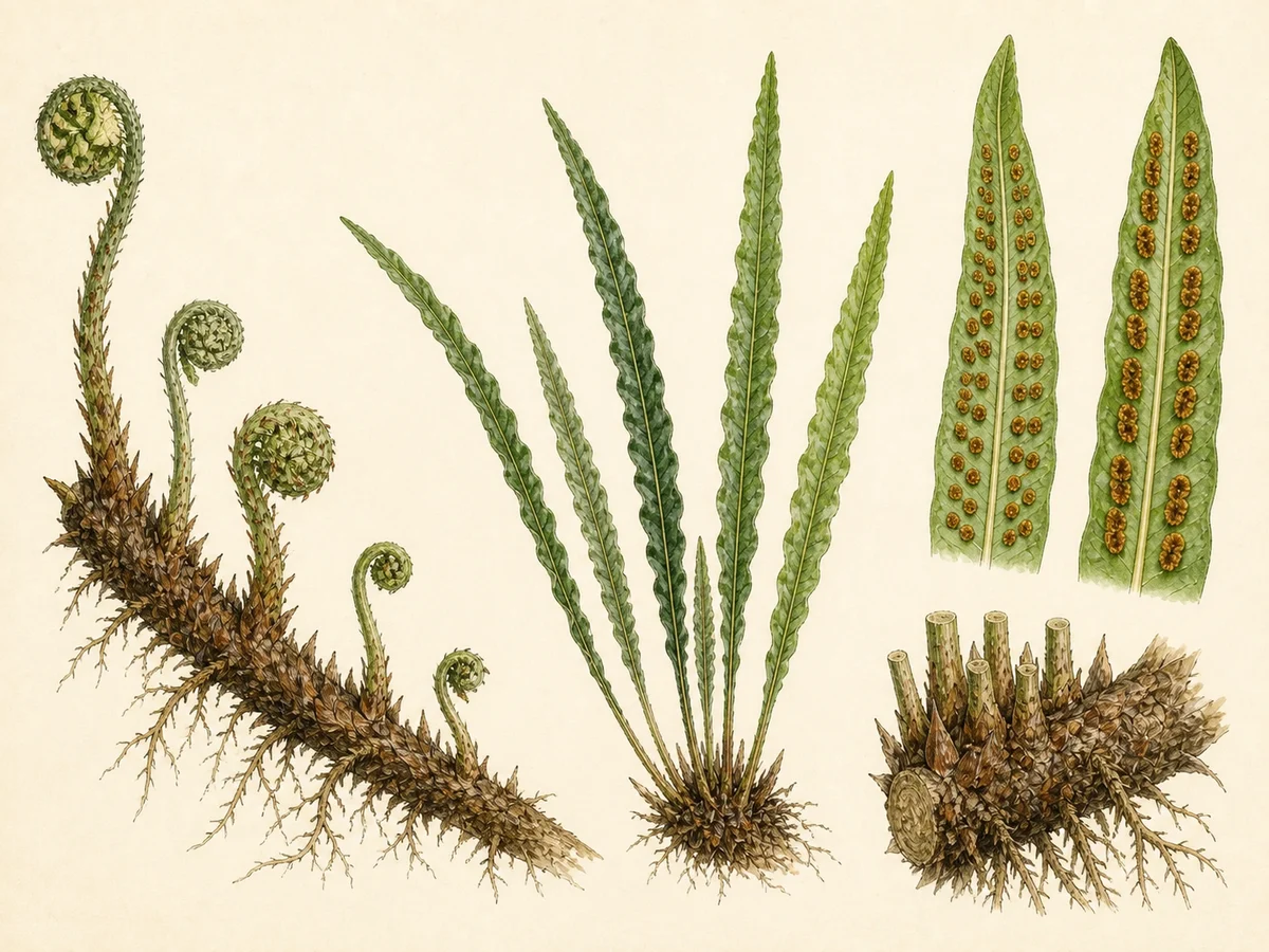 Prancha botânica complementar de Feto-serrilhado — nome legal reconciliado com Blechnum spinulosum (Doodia caudata) com caracteres de identificação e ciclo de vida