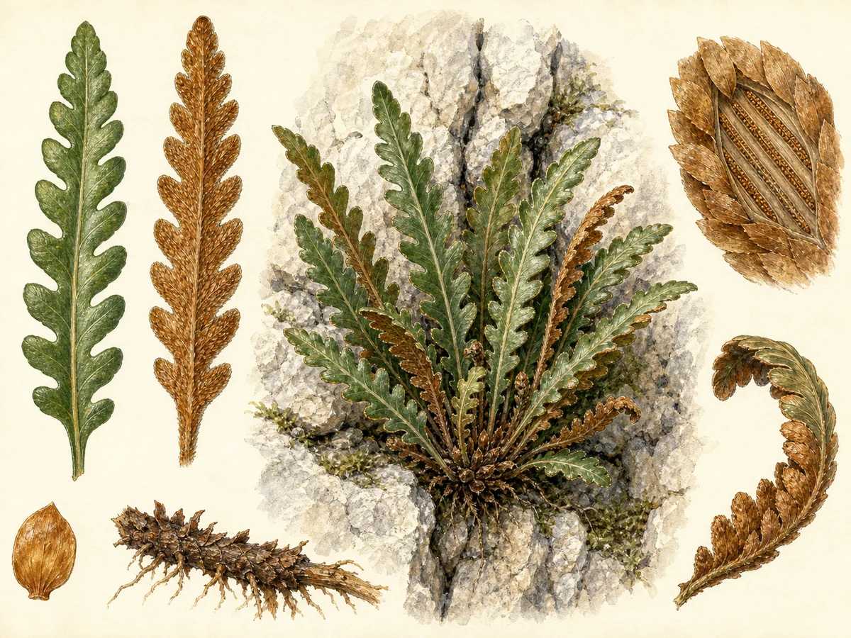 Prancha botânica complementar de Douradinha (Ceterach officinarum subsp. officinarum) com caracteres de identificação e ciclo de vida