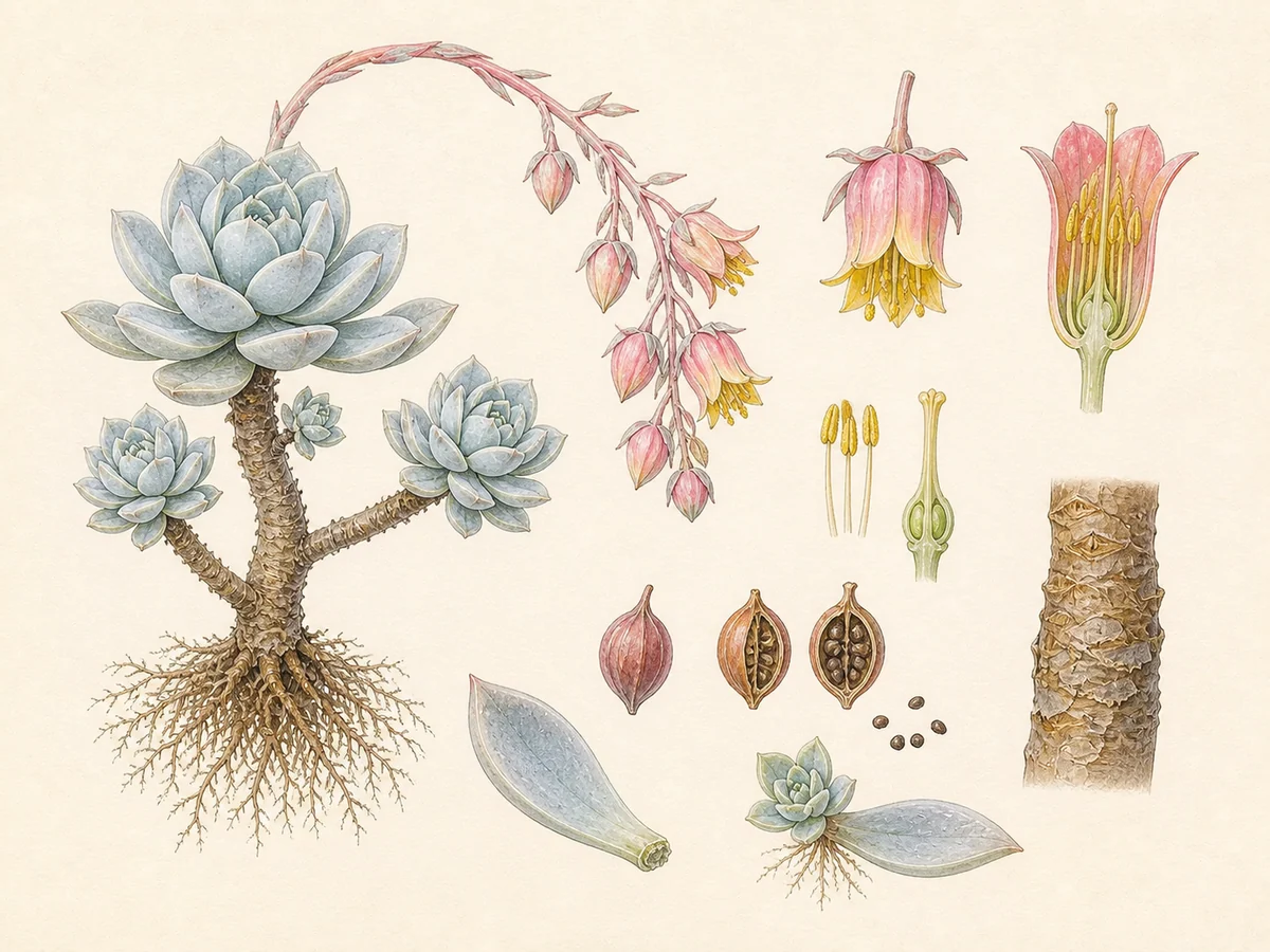 Prancha botânica complementar de Echeveria-elegante (Echeveria elegans) com caracteres de identificação e ciclo de vida