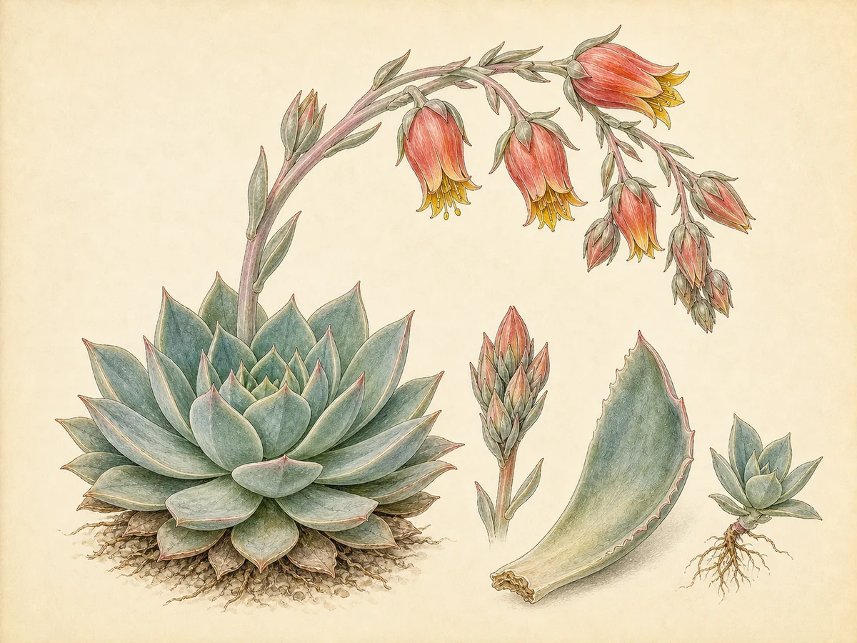 Prancha botânica complementar de Echevéria-secunda (Echeveria secunda) com caracteres de identificação e ciclo de vida