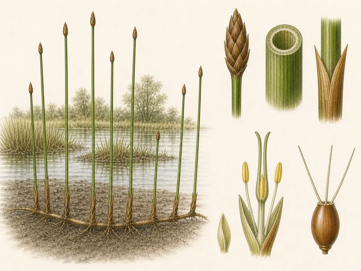 Prancha botânica complementar de Eleócaris-dos-charcos (Eleocharis palustris) com caracteres de identificação e ciclo de vida