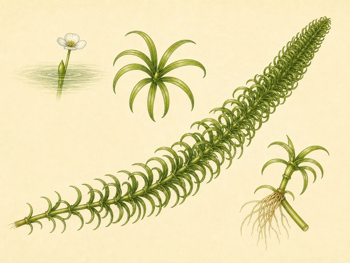 Prancha botânica complementar de Elódea-africana — não plantar (Lagarosiphon major) com caracteres de identificação e ciclo de vida