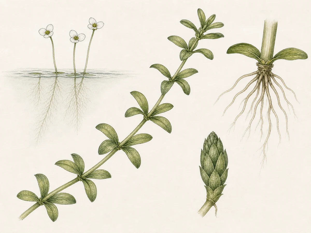 Prancha botânica complementar de Elódea-do-Canadá — não plantar (Elodea canadensis) com caracteres de identificação e ciclo de vida