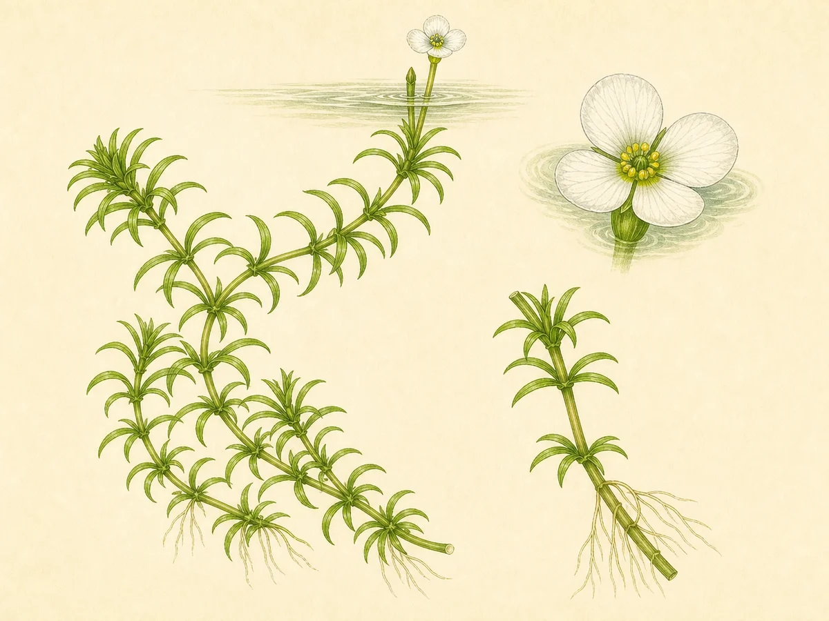 Prancha botânica complementar de Elódea-densa — não plantar (Egeria densa) com caracteres de identificação e ciclo de vida