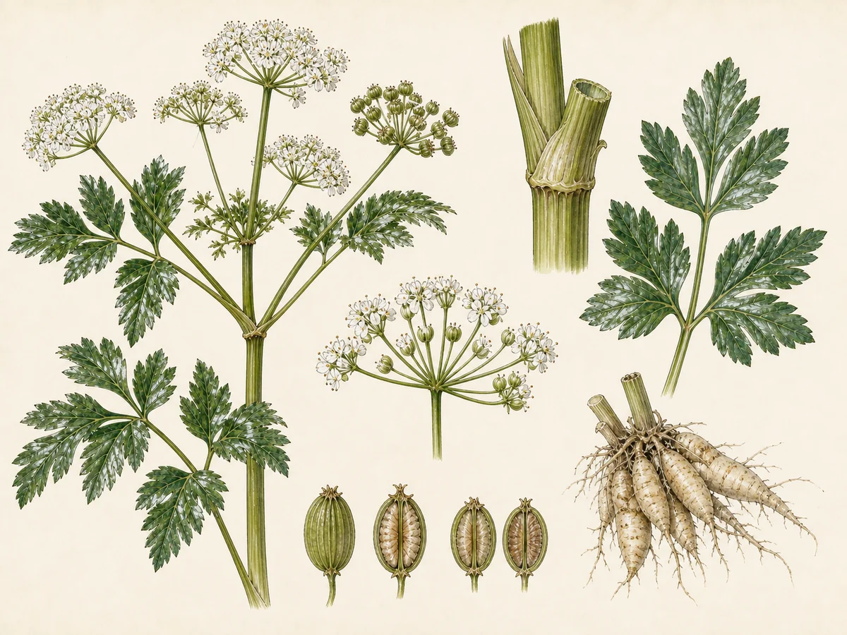 Prancha botânica complementar de Embude (Oenanthe crocata) com caracteres de identificação e ciclo de vida