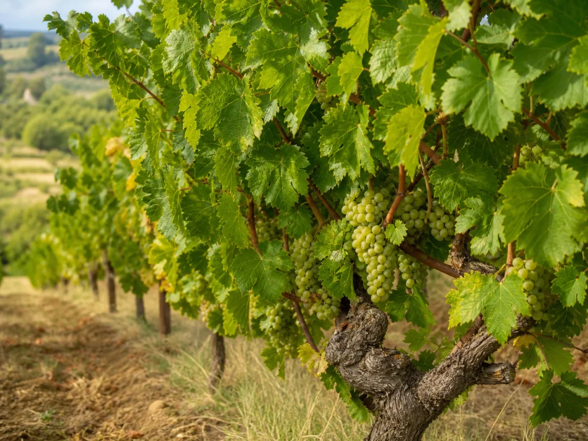Prancha botânica complementar de Videira Encruzado (Vitis vinifera 'Encruzado') com caracteres de identificação e ciclo de vida