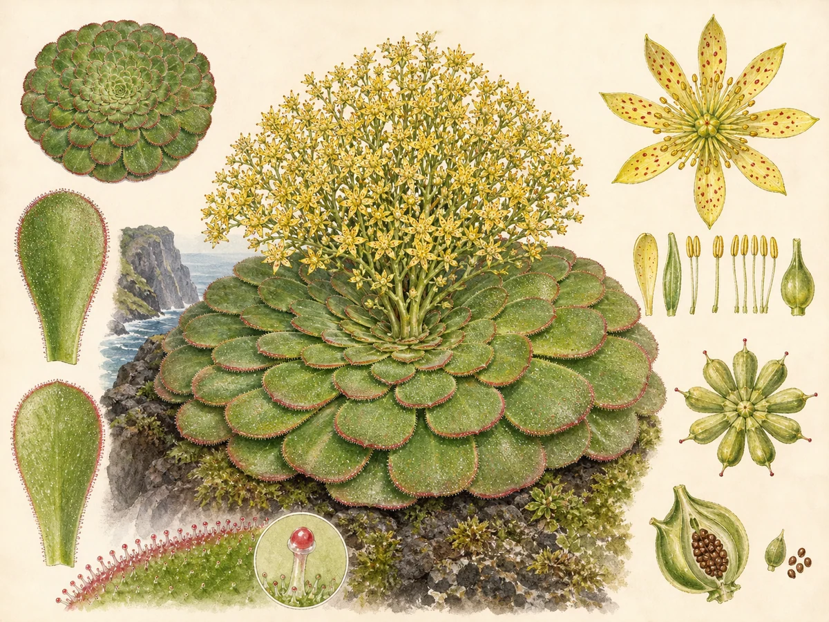 Prancha botânica complementar de Ensião-de-pasta (Aeonium glandulosum) com caracteres de identificação e ciclo de vida