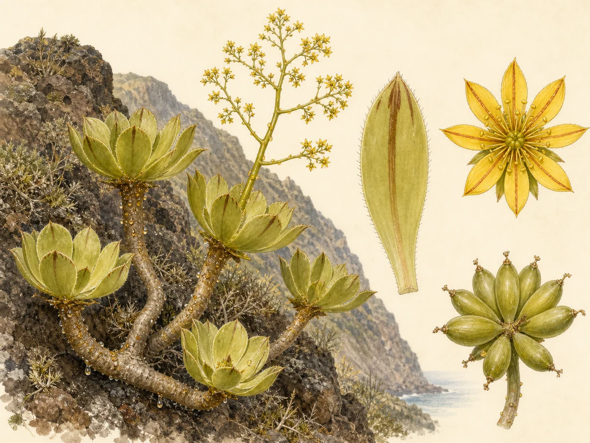 Prancha botânica complementar de Ensião-viscoso (Aeonium glutinosum) com caracteres de identificação e ciclo de vida