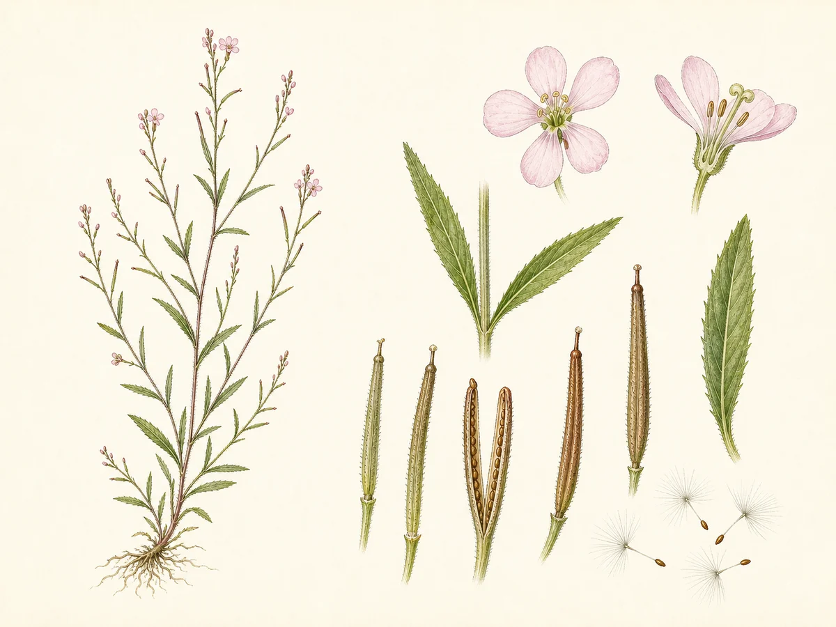 Prancha botânica complementar de Epilóbio-de-flor-miúda (Epilobium parviflorum) com caracteres de identificação e ciclo de vida