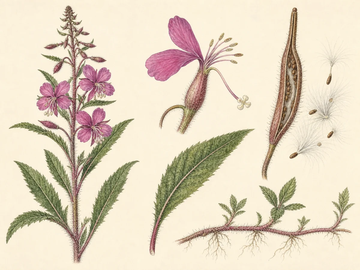 Prancha botânica complementar de Epilóbio-maior (Epilobium hirsutum) com caracteres de identificação e ciclo de vida