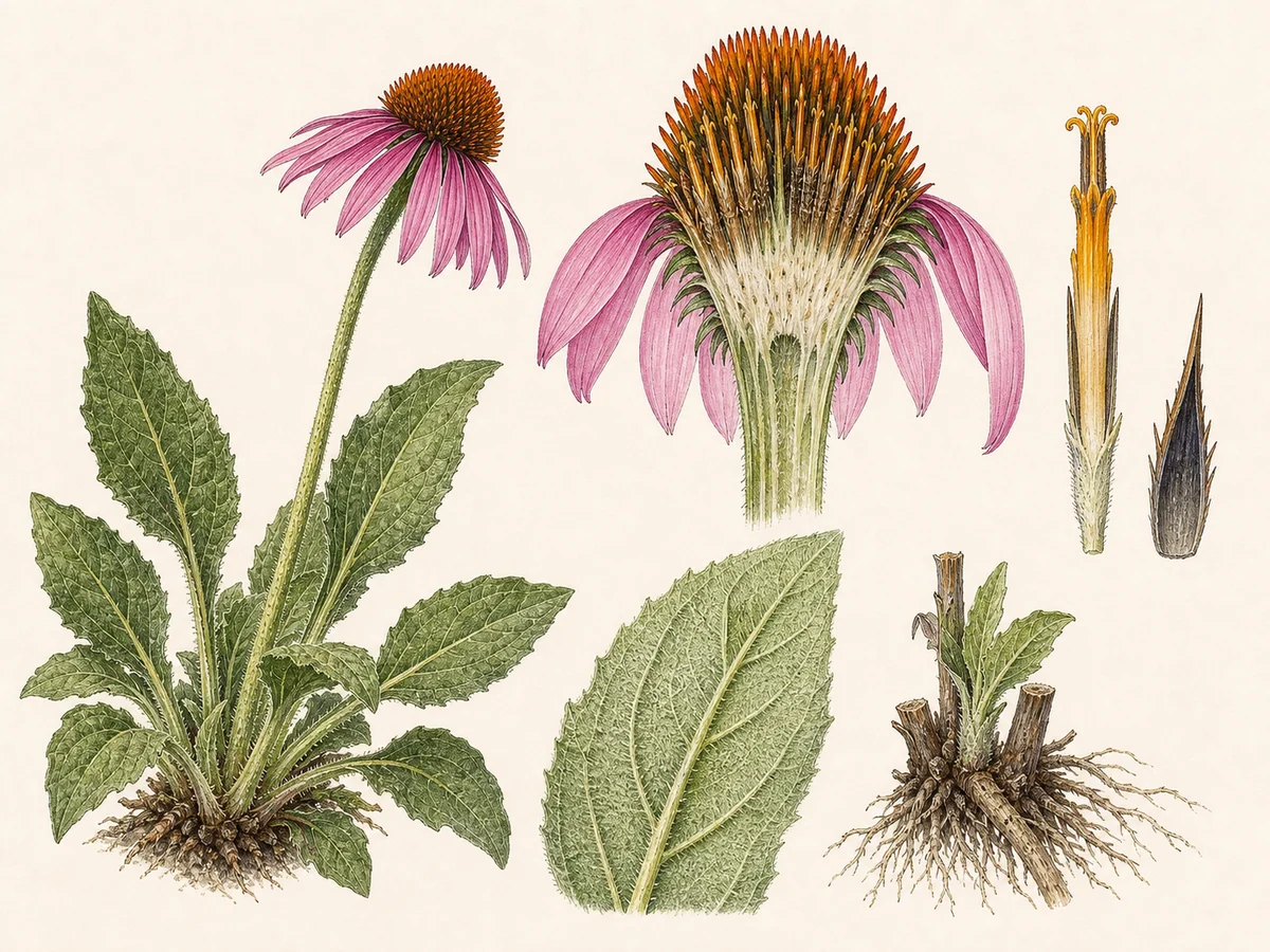 Prancha botânica complementar de Equinácea-púrpura (Echinacea purpurea) com caracteres de identificação e ciclo de vida
