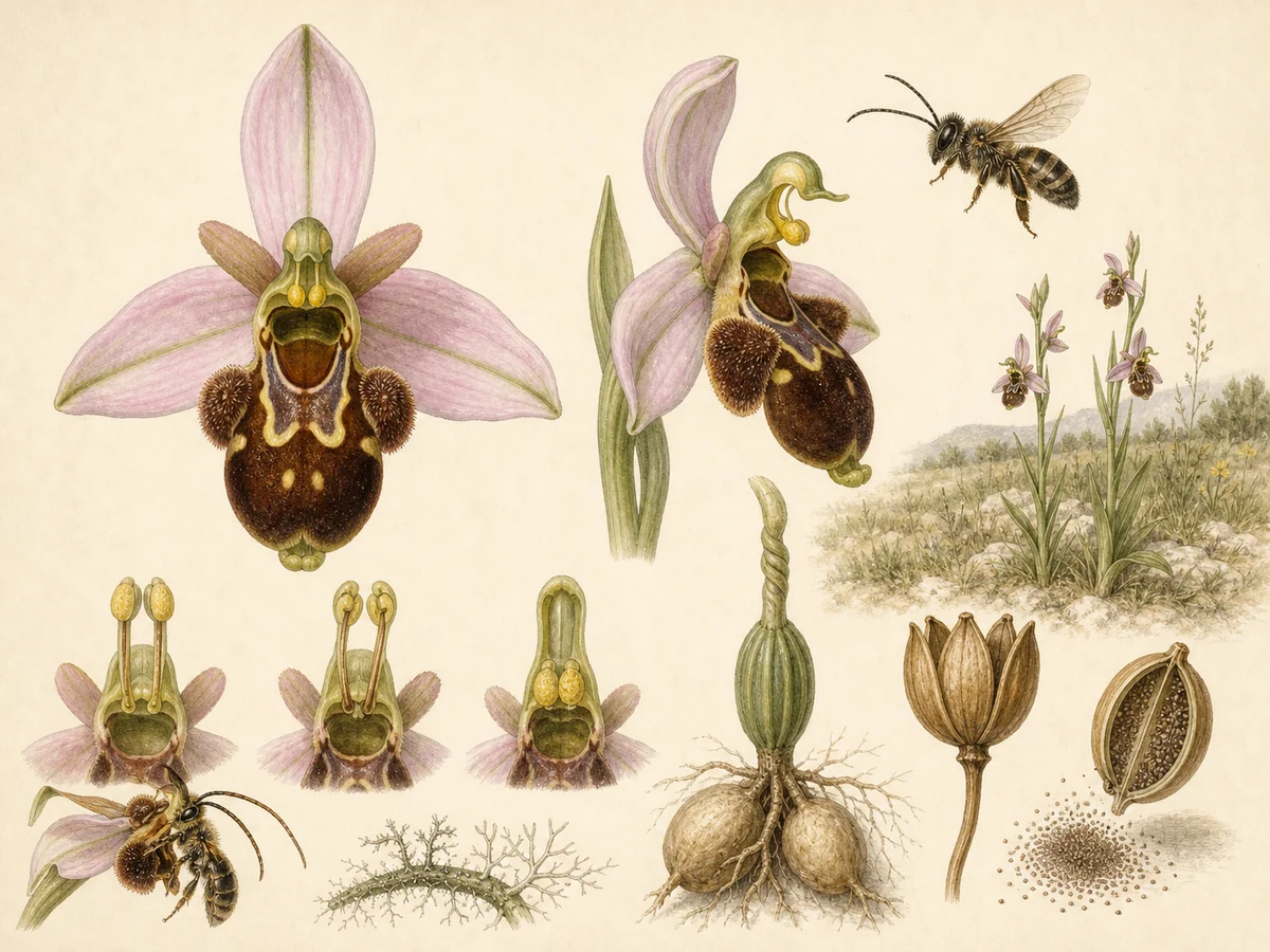 Prancha botânica complementar de Erva-abelha (Ophrys apifera) com caracteres de identificação e ciclo de vida