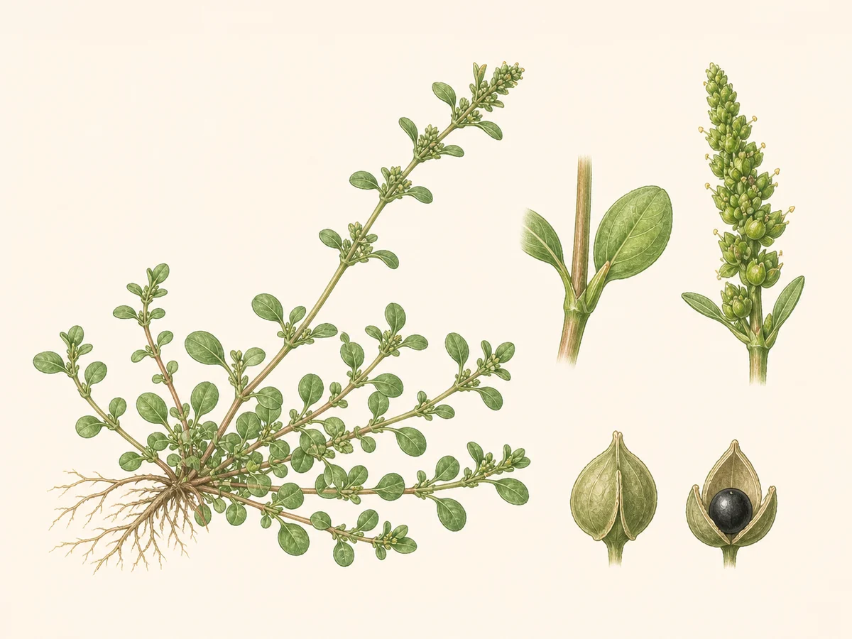 Prancha botânica complementar de Erva-aranha — não plantar (Amaranthus blitoides) com caracteres de identificação e ciclo de vida