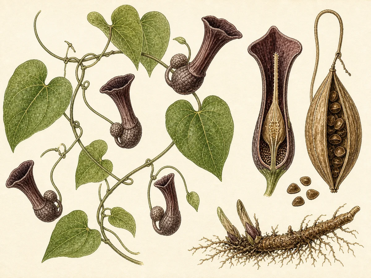 Prancha botânica complementar de Erva-bicha (Aristolochia paucinervis) com caracteres de identificação e ciclo de vida