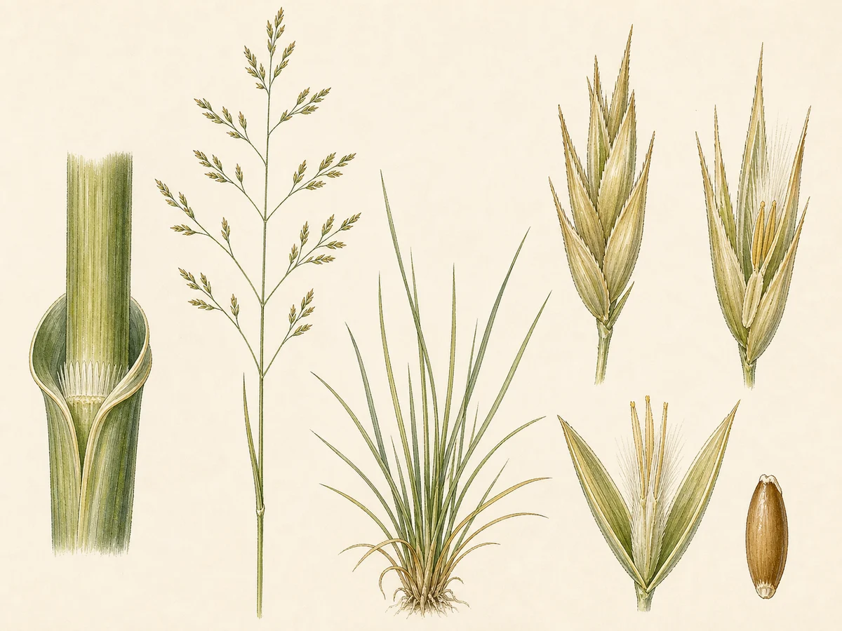 Prancha botânica complementar de Erva-carneira (Festuca ampla) com caracteres de identificação e ciclo de vida