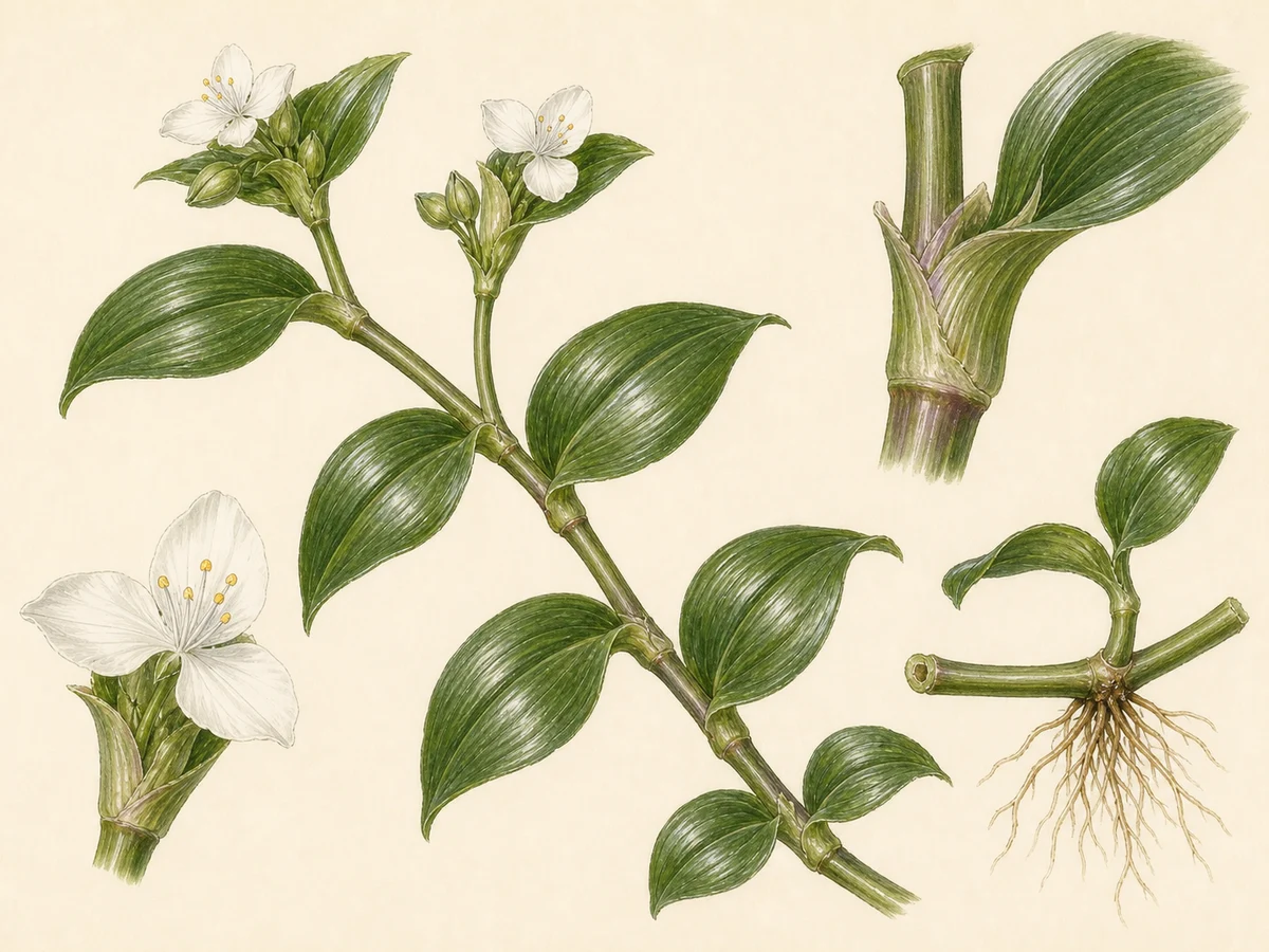 Prancha botânica complementar de Erva-da-fortuna — não plantar (Tradescantia fluminensis) com caracteres de identificação e ciclo de vida