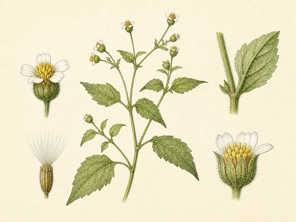 Prancha botânica complementar de Erva-da-moda — não plantar (Galinsoga parviflora) com caracteres de identificação e ciclo de vida