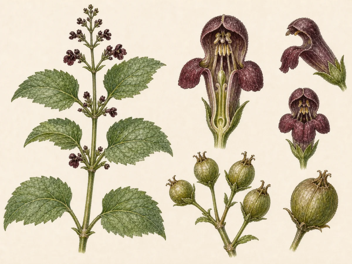 Prancha botânica complementar de Erva-das-escaldadelas (Scrophularia auriculata subsp. auriculata) com caracteres de identificação e ciclo de vida